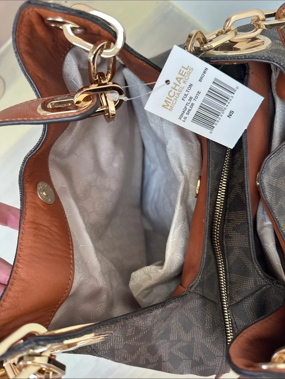 Michael Kors Dark Brown Monogram Shoulder Bag with Gold Hardware